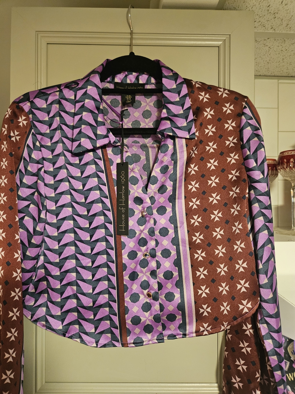 House of Harlow 1960 Purple and Brown Geometric Print Button-Up Shirt